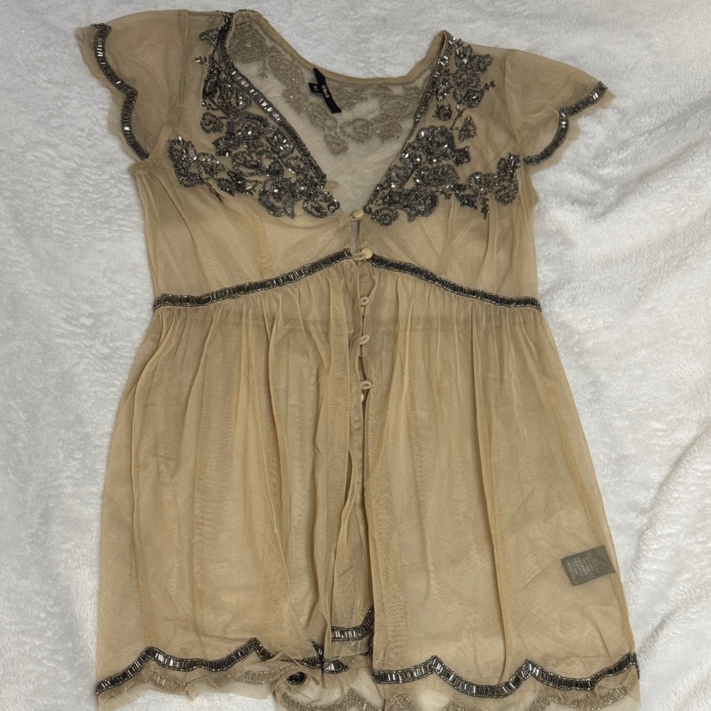 Black Beige Embellished Sheer Tunic Top